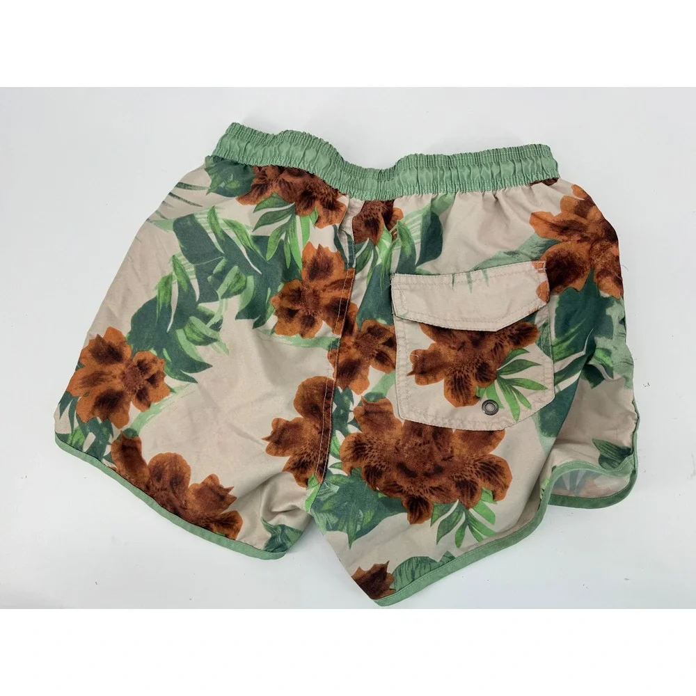 Maamgic Swim Trunks Mens XS Tan Green Tropical Floral Mesh Lined Board‎ Shorts